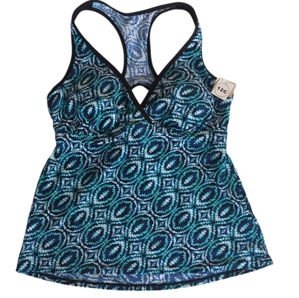NWT Beach Native Underwire Racerback Bohemia Cut Out Tankini 12C Blue Green